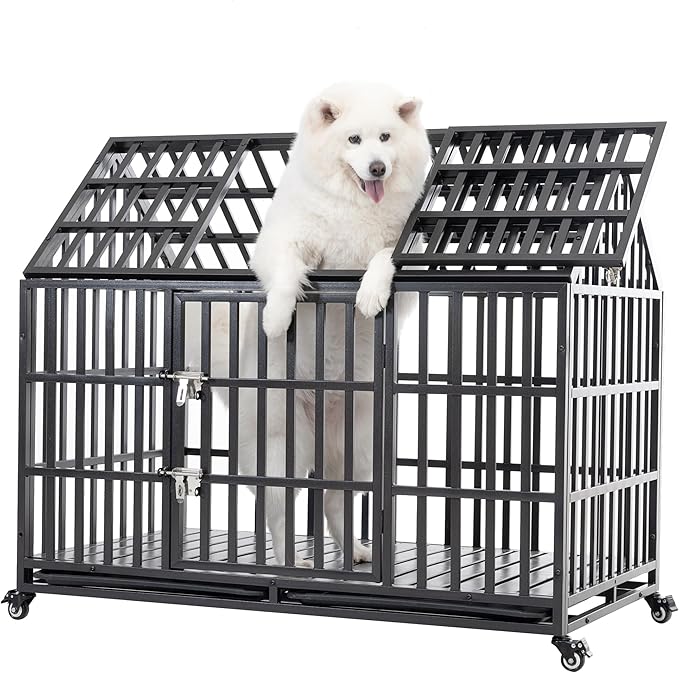 52/48/44 Inch Heavy Duty Dog Crate Indestructible and Escape-Proof Dog Cage Kennel for Large Medium Dogs Extra Large XL XXL with Lockable Wheels Removable Tray Double Door Black