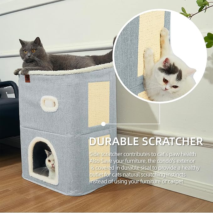 CATBOAT 2-Storey Cat House for Indoor Cats Bed, Covered Beds & Furniture with Scratch Pad and Hideaway Cave, Cute Modern Condo for Multi Small Pet Large Kitten Kitty, Light Grey
