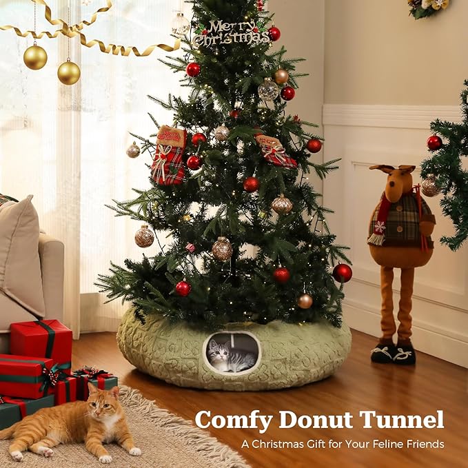 PEQULTI Cat Tunnel with Bed for Indoor Cats, Cat Play Donut Tunnel with Washable Soft Plush Mat, Round Tube Toys Cute Tube for Kittens, Puppies, Rabbits and Ferrets, Green