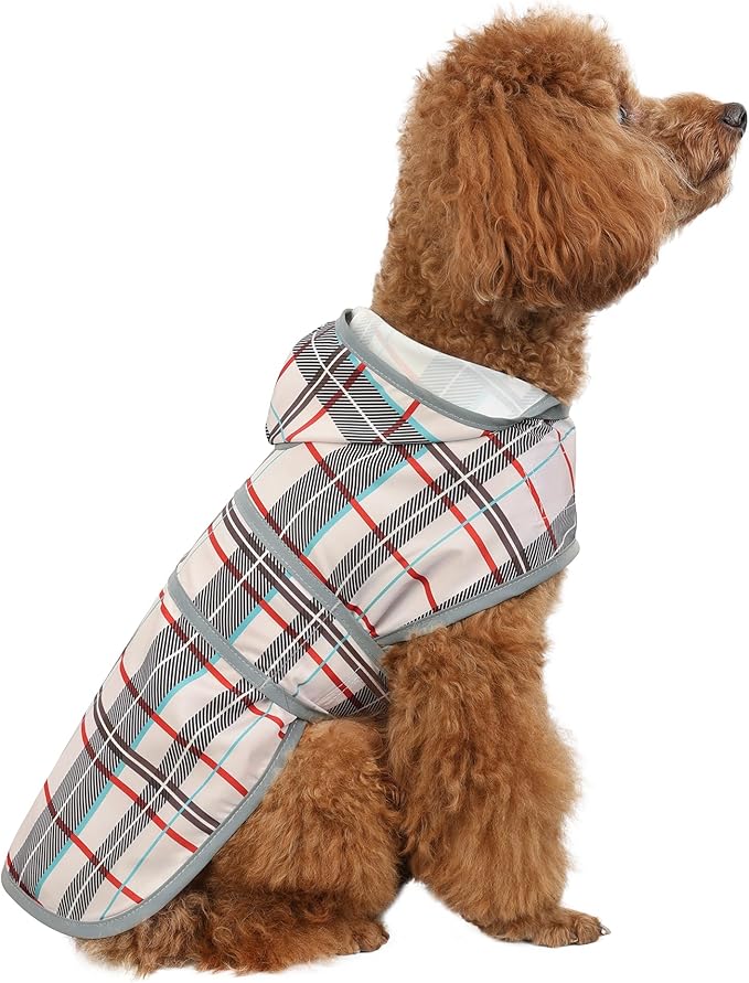Dog Raincoats for Small Dogs Puppies Waterproof Hooded Rain Jacket with Reflective Strips Leash Hole & Poncho Adjustable Fit (Plaid,XS)