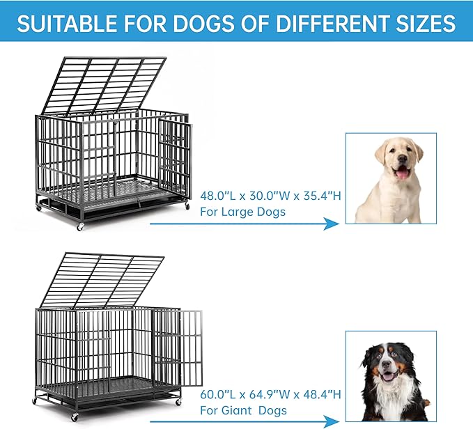 60 inch Heavy Duty Dog Crate, Folding Dog Kennel No Assembly, Escape Proof Large Dog Cage Kennel with Lockable Wheels, High Anxiety Pet Playpen with Double Door Indoor/Outdoor