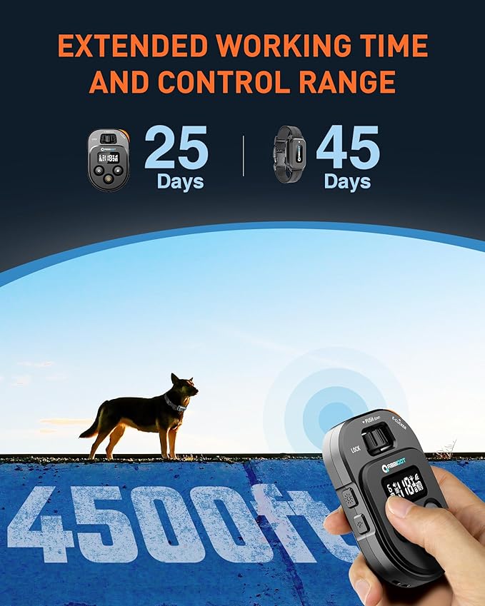 ABBIDOT Dog Shock Collar, 4500FT Dog Training Collar with Remote，IPX7 Waterproof Rating，6 Training Modes (Beep, Vibration, Safe Shock), Enhanced Night Light, Rechargeable E-Collar for Dogs 10-130 lbs