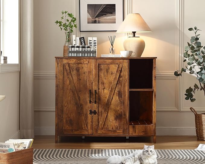 Large Cat Litter Box Enclosure with Litter Collector,Cat Litter Enclosure for Self-Cleaning Litter Boxes,Adjustable Shelf for Dog Proof,Power Outlet,Wooden Cat House,Brown Rustic