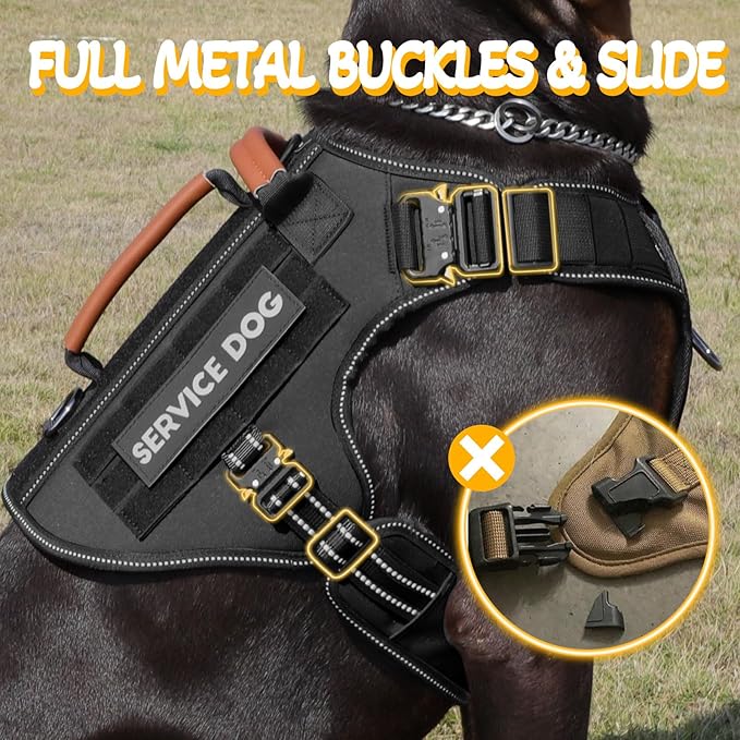 Service Dog Vest - HEYCAHVA Tactical Dog Harness Full Metal Buckles for Large Medium Dog Reflective No Pull Dogs Harnesses Vest with Leather Handle, Hook & Loop for Hiking Training (Black, L)