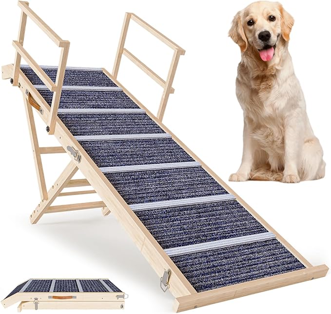 Dog Ramp for Bed, 64" Foldable for Large Small Dogs, Extra Width 18" for Dogs to Get on Bed Car, Portable Pet with Two Safety Side Rails and 6 Adjustable Heights from 24.6" to 30"