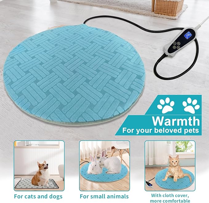 Cat Heating Pad with Smart Thermostat Switch and Chew Resistant Cord, Upgraded Adjustable Controller, Temperature and Timer Adjustable, Round-16 inches Soft Cloth Heated Cat Bed for Dogs & Cats