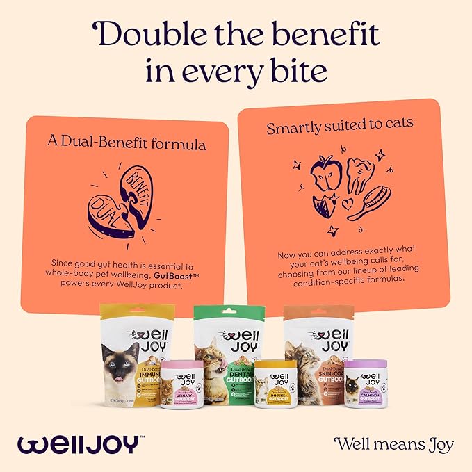 WellJoy Cat Treat Skin & Coat+ GutBoost | Nourishes Healthy Skin | Supports Shiny Coat | Dual-Benefit GutBoost Formulation | Vet Formulated | Made in USA | Real Shredded Chicken | 120 Soft Chews
