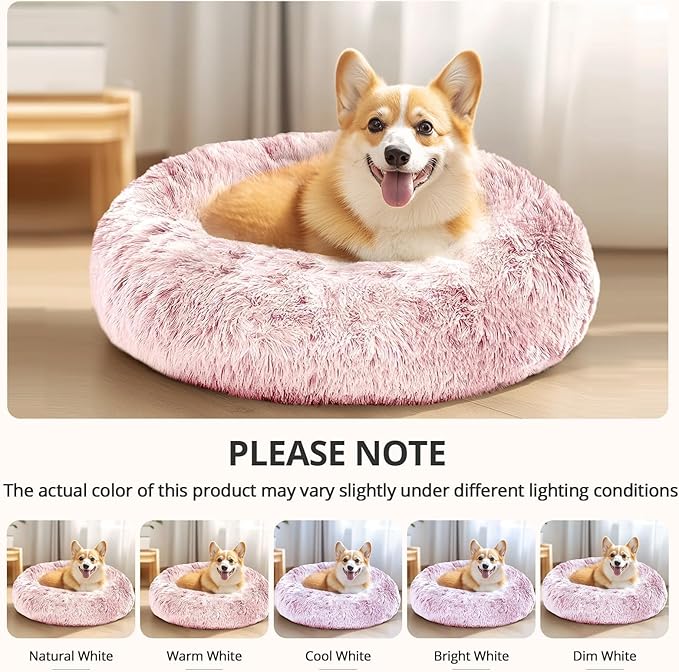 JOLLYVOGUE Calming Small Dog & Cat Bed for Indoor Cats - 20 inches Washable Donut Bed for Kittens & Puppies, Anti-Anxiety Round Fluffy Plush Pet Beds (Fits up to 15 lbs, Smoke Pink)
