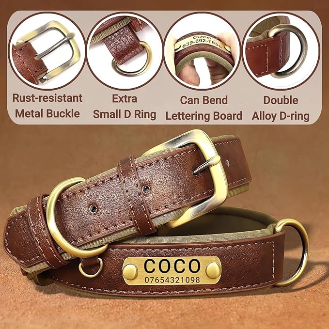 Leather Dog Collar Personalised and Leash Set, Personalized with Soft Padded Design Heavy Duty Featuring Custom Engraved Name Plate for Small Medium and Large Dogs