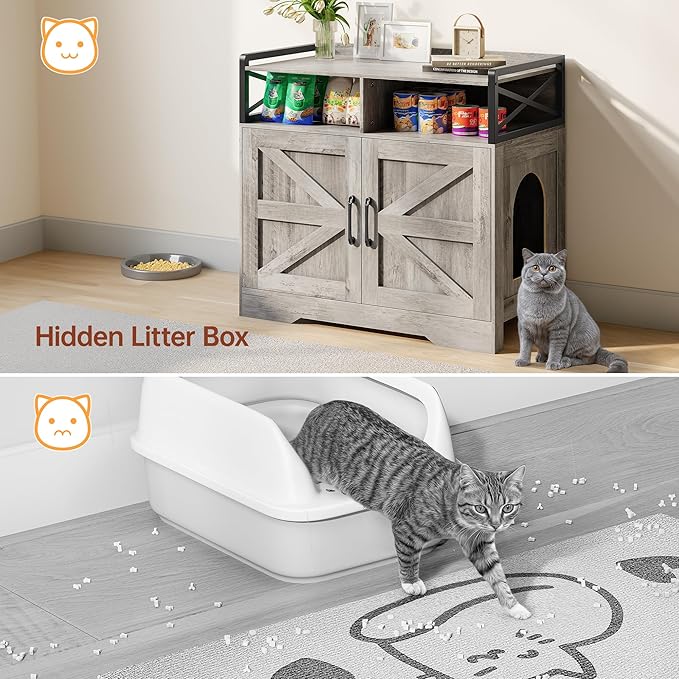 35" Ultra-Large Cat Litter Box Enclosure, Hidden Litter Box Cabinet with Anti-Tipping Fence and 2 Open Drawers, Enclosed Litter Box Furniture End Table, Grey