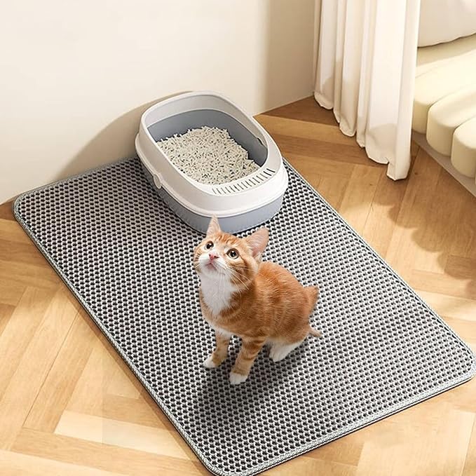 Cat Litter Mat,45"x32"Large Cat Litter Mat Litter Trapping Mat,Honeycomb Double Layer Kitty Litter mat,Soft EVA Material,Durable,Urine & Waterproof,Easy Clean,Washable(Light grey)