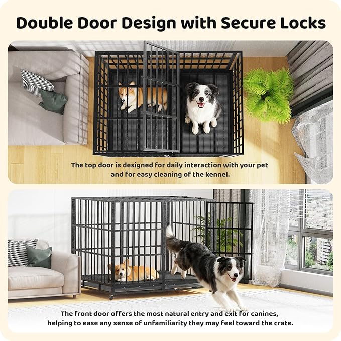 Heavy Duty Indestructible Dog Crate 60in with Removable Trays, Escape-Proof Double Door for High Anxiety Dog, Kennel with Lockable Wheels for Medium Large XL XXL Dogs