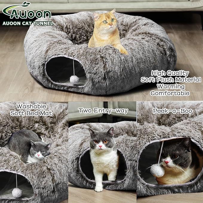 AUOON Cat Tunnel Bed - Christmas Tree Cat Tunnel, Cat Donut Tunnel with Soft Plush Circle Cushion for Indoor Cats Kitten Kitty Puppy Rabbit Ferret (Brown)