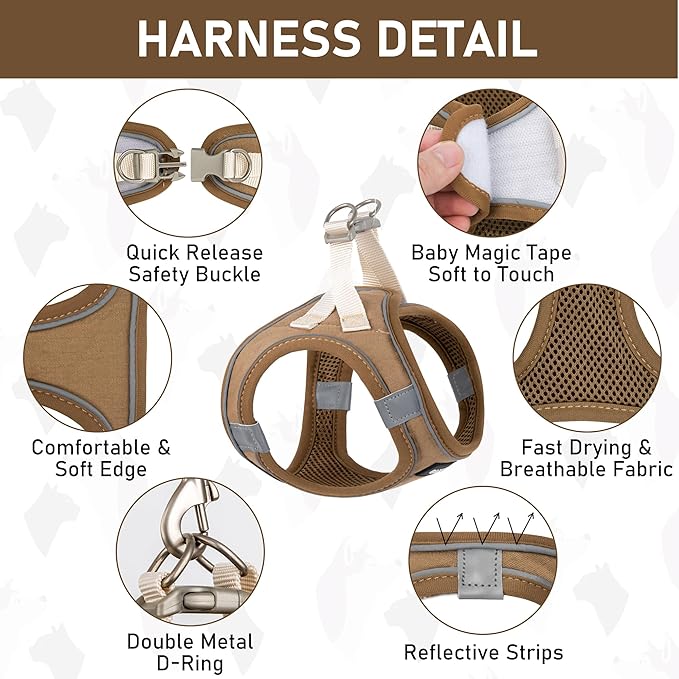 GAMUDA Small Pet Harness Collar and Leash Set, Step in No Chock No Pull Linen Fabric Soft Mesh Dog Vest Harnesses Reflective for Dogs Puppy Cats Kitten Rabbit (Brown, XXS)