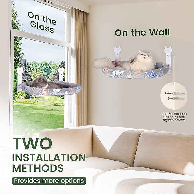 Cat Window Perch, Glow in The Dark Foldable Cat Hammock with Cozy Pad Bed, Breathable Cordless Window Seat with Stud Metal Frame for Large Cats and Kitten (Cushion Bed, 1 Pack - M)