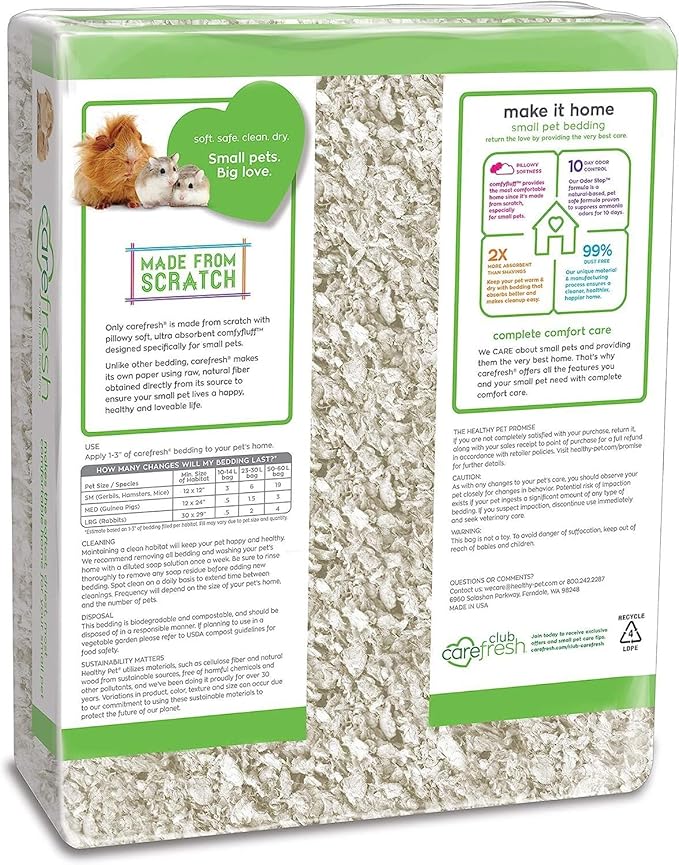 Carefresh 99% Dust-Free White Natural Paper Small Pet Bedding with Superior 10 Day Odor Control & Absorption, for Guinea Pigs, Hamsters, Rabbits, & Rats, 60 L