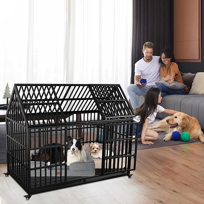 54 inch Heavy Duty Indestructible Dog Crate with Mat, Escape Proof Dog Cage Kennel with Lockable Wheels, High Anxiety Double Door, Extra Large Crate Indoor for Large Dog with Removable Tray