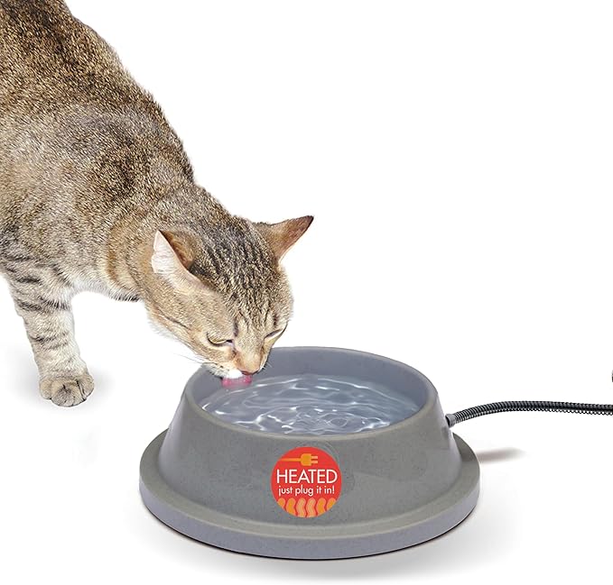 K&H Pet Products Thermal-Bowl Heated Water Bowl for Cats & Dogs Outside, Safety Listed Outdoor Heated Dog Dish for Pets, Automatic No Freeze, Anti Chew Cord - 32 Ounces Gray 12W