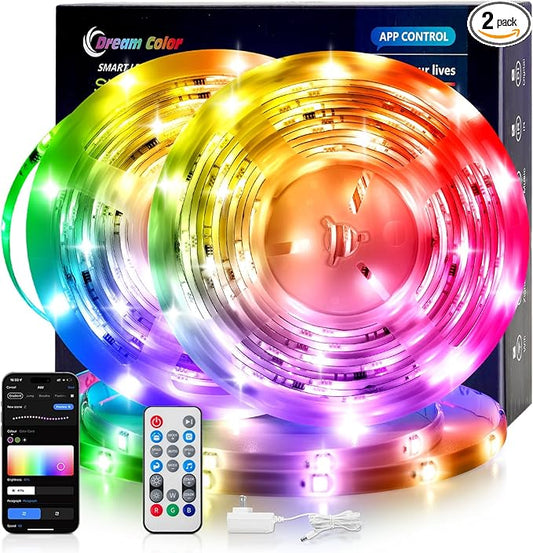 Pak LED Lights for Bedroom, 32.8ft(2 Rolls of 16.4ft) Smart RGB+IC LED Strip Lights with App/Remote Control, Music Sync Color Changing Flexible LED Lights with 64 Scene Modes for Party, Home, Gaming
