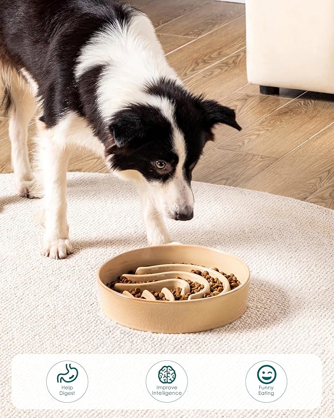 vancasso Slow Feeder Dog Bowl, 3 Cup Ceramic Slow Feeding Food Dish for Large Breed, Puzzle Dog Food Bowl for Fast Eater, Brown