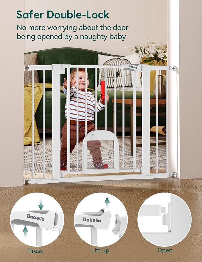 Babelio 36" Tall Upgraded Baby Gate with Cat Door, 29-43" Auto Close Durable Dog Gate for Stairs, Doorways and House, Easy Walk Thru Safety Gate with Pet Door Includes 4 Wall Cups, White