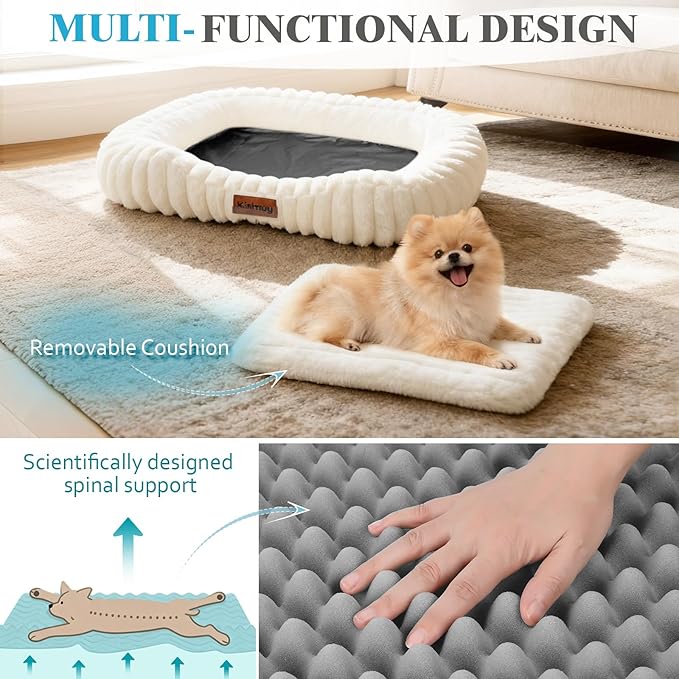 Cute Washable Dog Bed for Small Medium Dogs, Orthopedic Plush Rectangle Anti-Anxiety Dog Bed, Medium Calming Bolster Puppy Bed with Durable Removable Zipper Cover&Anti-Silp Bottom, 30in, Cream