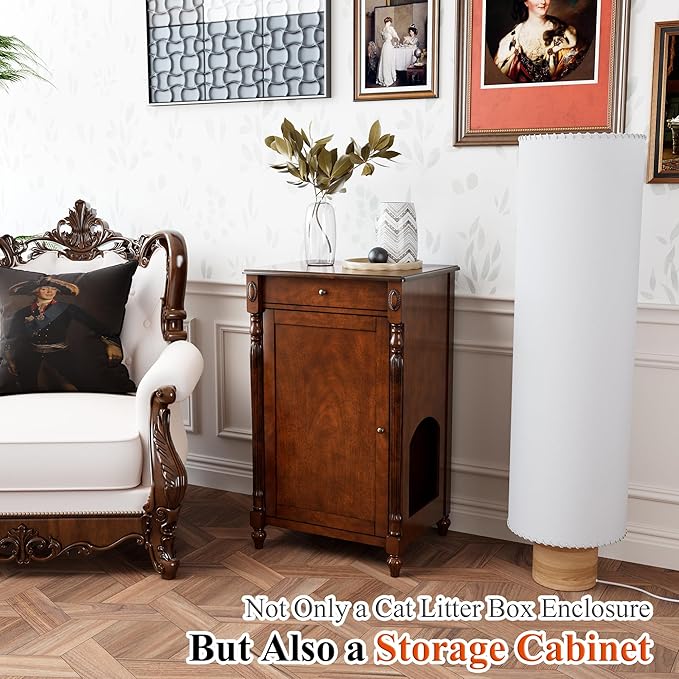 2-Set Solid Wood Cat Litter Box Enclosure, Hidden Litter Box Furniture, Wooden Pet House Storage Cabinet, Wooden Floor Cabinet for Hallway, Entryway or Living Room Home Decor, Cherry Walnut