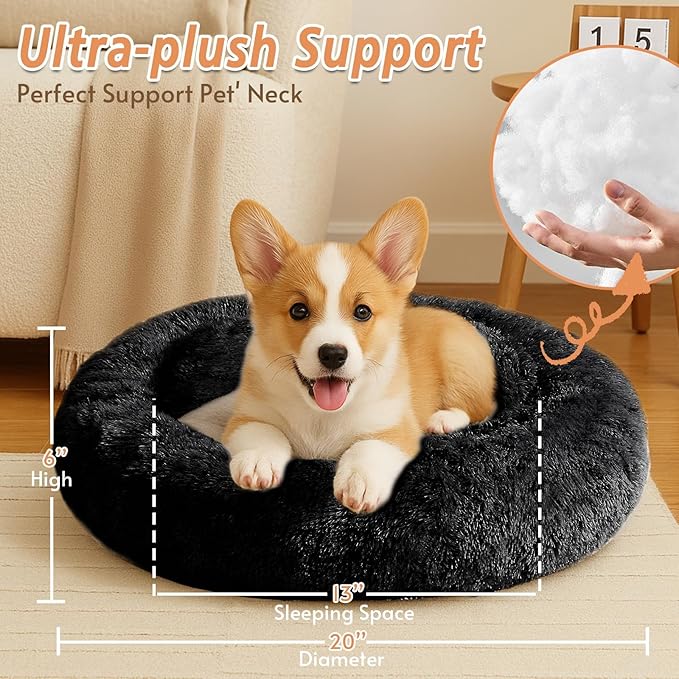 JOLLYVOGUE Calming Small Dog & Cat Bed for Indoor Cats - 20 inches Washable Donut Bed for Kittens & Puppies, Anti-Anxiety Round Fluffy Plush Pet Beds (Fits up to 15 lbs, Black)