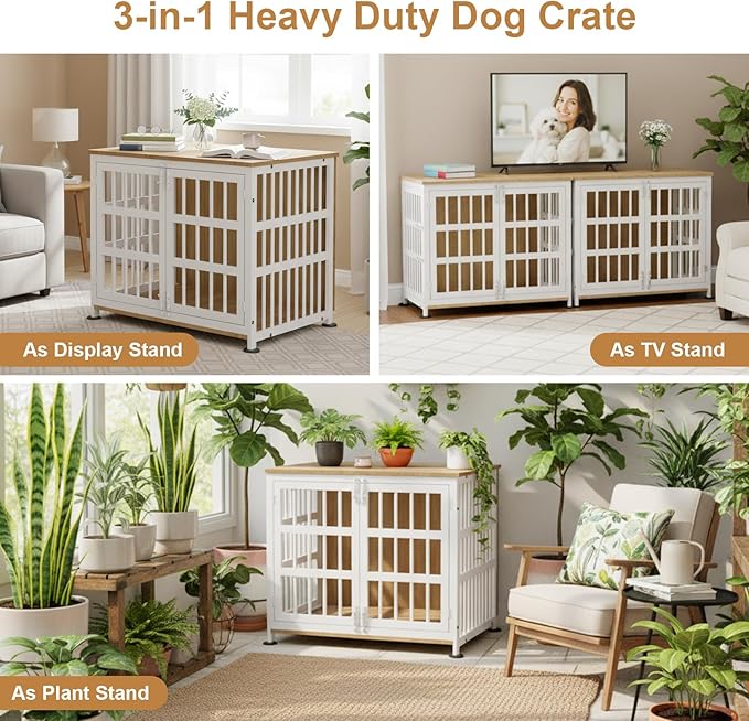 33" Dog Crate Furniture for Medium & Small Dogs with Wheels, Heavy Duty Dog Cage, Indoor Puppy Crate, Wooden Dog Kennel Table, 32.6"L x 22.8"W x 25.8"H, Decorate House as End Table — Natural and White