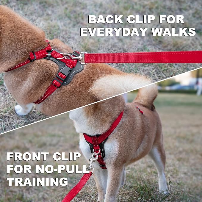 Plutus Pet Adjustable No Pull Dog Harness with Leather Accents, Heavy Duty Reflective Nylon Vest for Training, Hiking, Easy Walk Harness for Small, Medium, Large Dogs (Red, XL)