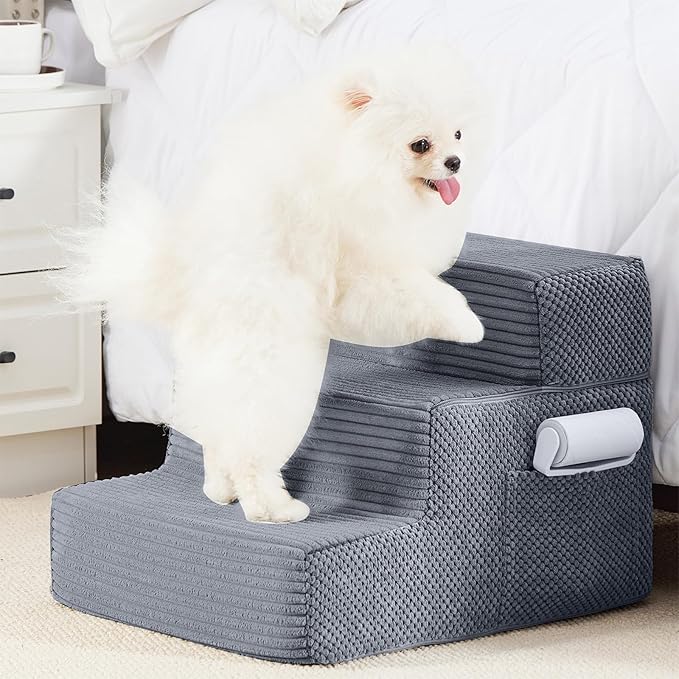 HYLEORY Dog Stairs for Bed 13.5''H, 3-Step Pet Stairs for Small Dogs & Cats, Sturdy Pet Steps with Non-Slip Bottom, Functional Portable Dog Ramp for Couch/Chair/Sofa/Car, with Storage Pocket, Grey