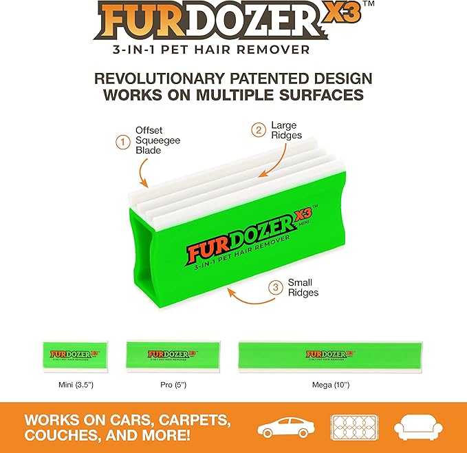 FurDozer Pet Hair Remover & Auto Detailing Tools - Cat & Dog Hair Remover for Carpets, Car Interiors, Couches, Bedding, & Pet Furniture (Green, X3 MINI - 3.5" Long)