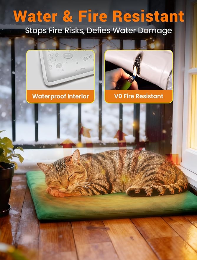 PETNF Outdoor Pet Heating Pad for Cats & Dogs, 100.4-107.6°F Auto Temp Control, Waterproof Fireproof, for Cat House/Dog Kennel/Terrace, Fits Domestic & Stray Pets (Green 23.6"X35.4")