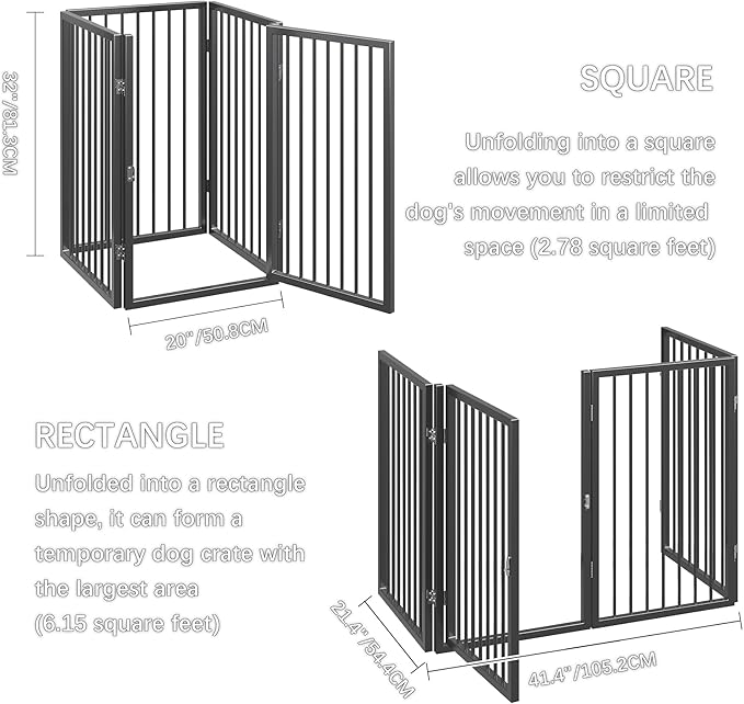 Vantas Folding No-Assembly Metal Pet Gate 80" Wide, 32" Extra Tall Dog Gate with Door Walk Through, Freestanding Accordion Puppy Gate Dog Door for Indoor & Outdoor, with 2PCS Support - Black