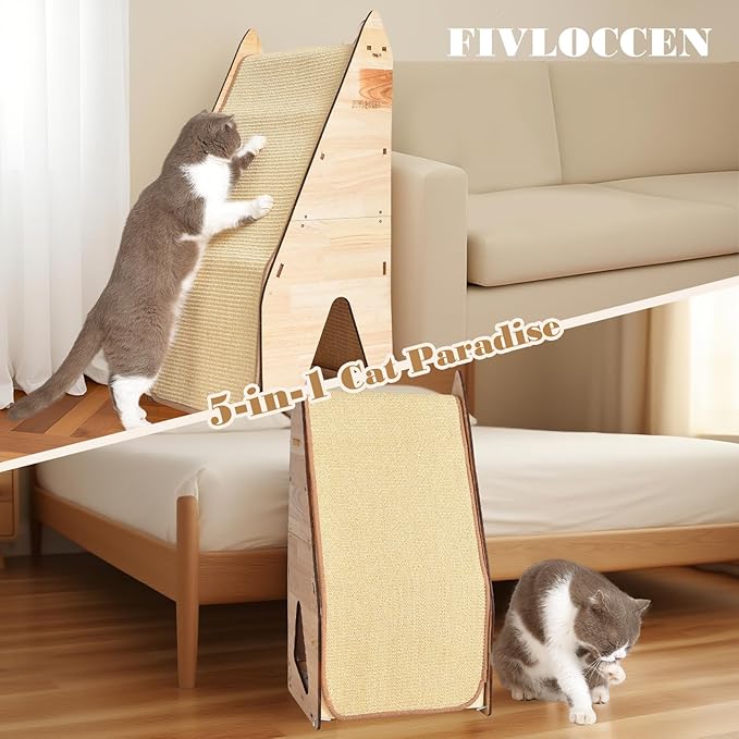 Wood-Framed Cat Scratching Post: Modern Sisal Scratcher Furniture, Integrated Cat Scratch Post Pad Condo Tunnel House Bed. All-in-One Space Saver for Multi-Cat & Budget-Friendly Homes (24in)