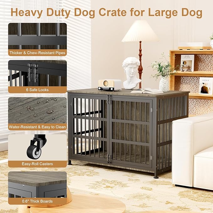 46" Dog Crate Furniture with Wheels, XXL Heavy Duty Dog Kennel Indoor for XL Dogs, Metal Chew-Proof Dog Cage, 45.9" L x 27.6" W x 32.4" H, Decorate House as TV Stand, End Table — Grey