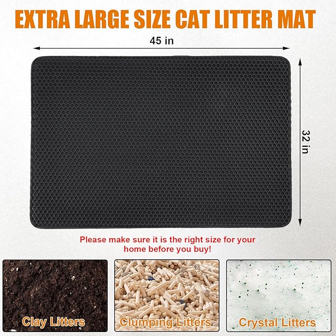 Cat Litter Mat - Extra Large XL 45"x32" Cat Litter Trapping Mat,Honeycomb Double Layer Traps Litter,Washable & Urine Proof,Non-Toxic,Soft EVA Litter Box Mat for Multi-Cat Homes(Black)