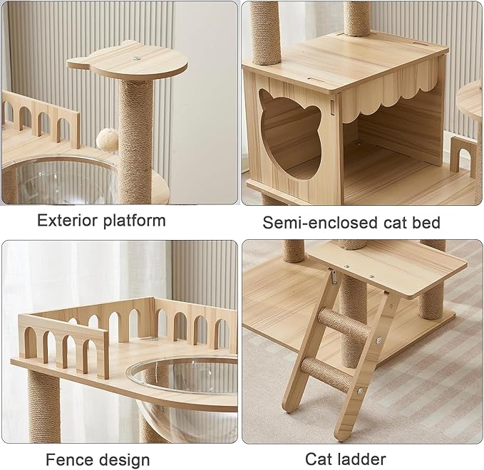 54-Inch Cat Tower,Multi-Level Pure Wood-Modern Cat Tree Tower with Condo, Cat Stairs, Bowl,9 Sisal Scratching Posts, Top Perch, Toy Balls,Cat Tree for Indoor Cats Large Adult (KT-1022)