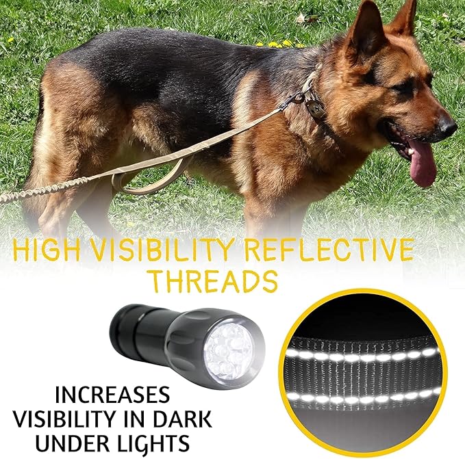 ADITYNA Tactical Bungee Dog Leash 6ft-7.5ft - Shock Absorbing Lead with 2 Padded Handles, Metal Clasp, Car Seatbelt - Heavy Duty No Pull for Medium, Large & XL Breeds