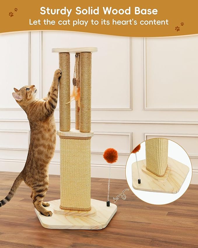 Cat Scratching Post, 26.3 Inch Scratch Post for Indoor Cats, Sisal Scratcher Posts for Medium/Small Cat, with Sturdy Wood Hexagonal Base, Silver Vine Feather Toy & Scratch Pad, Kitten Toys