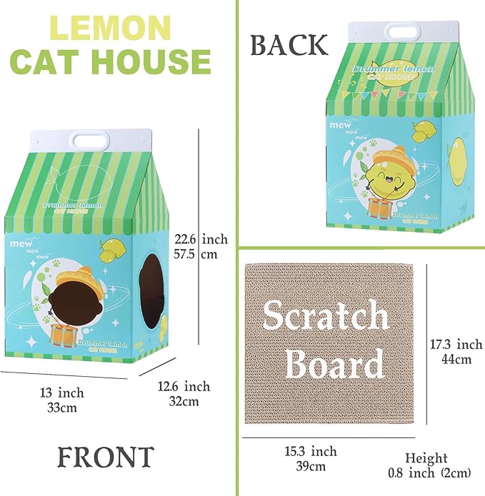 Cardboard Cat House with Scratcher – Blue Lemon Milk Carton Design, 22.5''H x 13''L x 13''W, Indoor Cat Playhouse & Hideout for Cats up to 16 lbs, Portable Handle, Corrugated Scratch Pad