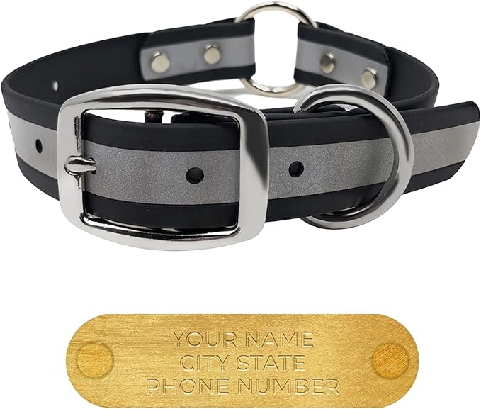 Regal Dog Products Small Black Reflective Dog Collar with Custom Engraved Name Plate and Heavy Duty Center Ring | Waterproof Biothane Personalized Dog Collars - Other Sizes for Medium & Large Dogs