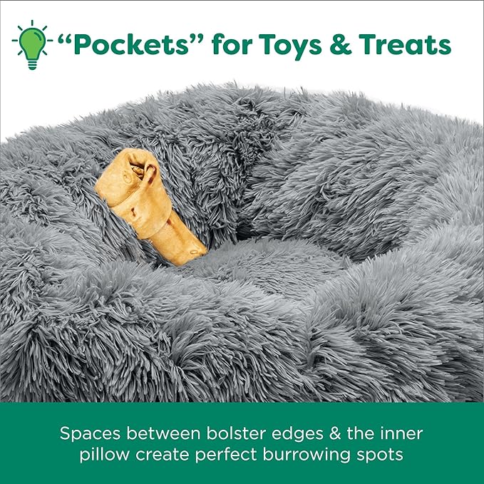 Furhaven 23" Round Calming Donut Dog Bed for Indoor Cats & Small Dogs, Washable, For Dogs Up to 20 lbs - Shaggy Plush Long Faux Fur Donut Bed - Gray, Small, 23.0"L x 23.0"W x 9.0"Th