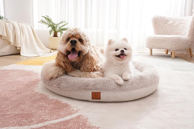 Round Donut Dog Bed – Luxury Orthopedic Dog Beds with Memory Foam – Calming Bolster Pet Bed, Water-Resistant, Washable Plush Cover, Premium Zipper – Small, Medium Dogs & Cats (25 Inches)