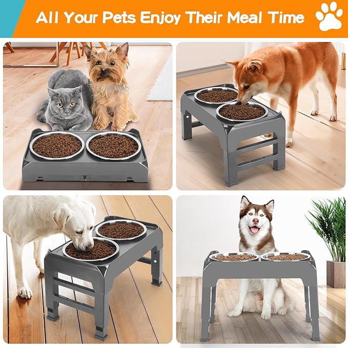 Elevated Bowls, 4 Height Adjustable Raised Stand With 2 Thick 50oz Stainless Steel Food Bowls, Non-Slip Feeder for Large Medium Dogs, Adjusts to 3.7", 9.2", 10.75", 12.36" Grey