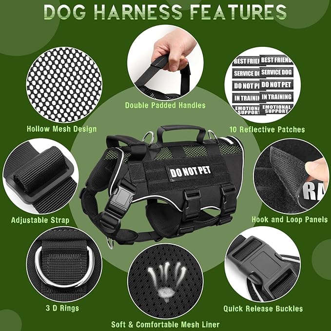 WINSEE Mesh Dog Harness with 10 Pet Patches for Small Service Dog in Training, Breathable Tactical Molle Vest with Double Handle, Reflective Military Pet Vest for Walking Hiking