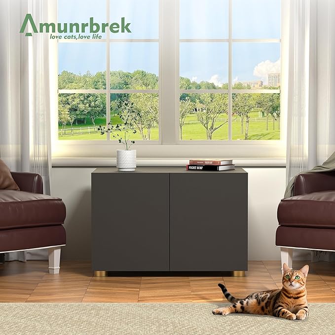 Small Litter Box Enclosure, Sleek Modern Cat Litter Box Cabinet Furniture, Wooden Cat House, End Table (Black)