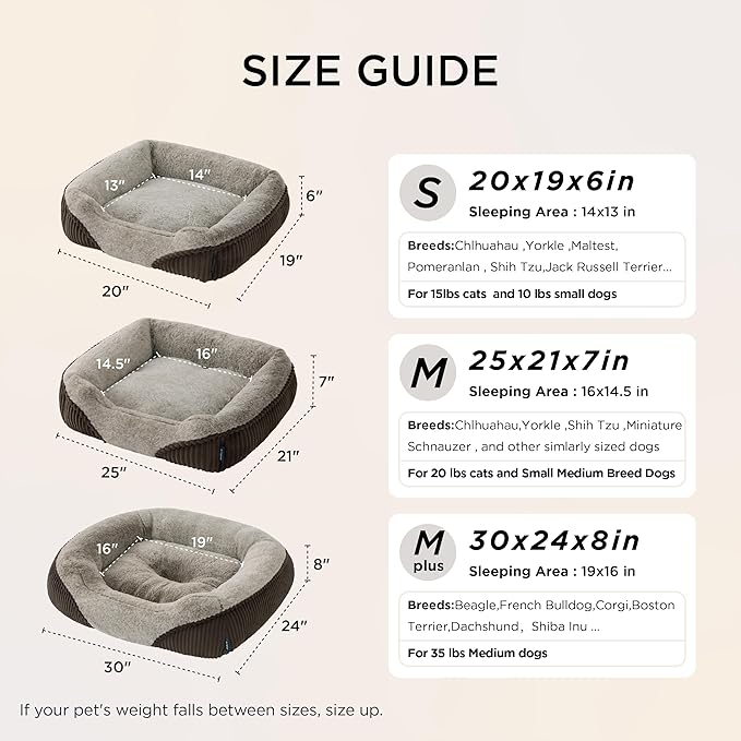 Bedsure Washable Dog Bed Medium Size Dog - Rectangle Fluffy Plush Big Pet Bed, Corduroy Fleece and Nonskid Bottom,30x24x8inches,Suitable for Pet Up to 35lbs,Brown