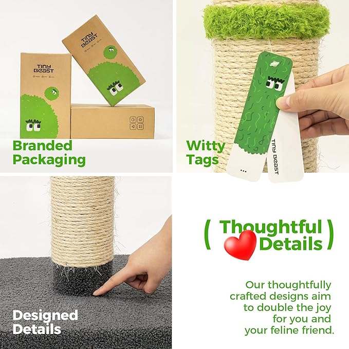 TINYBEAST 34.7" Tall Cat Scratching Post, 3 in 1 Sisal Cat Scratcher, Heavy Duty 4.3" Diameter Cat Tree with Hanging Bell Ball Toy and Reinforced Stable Base for Indoor Adult Cats & Kittens