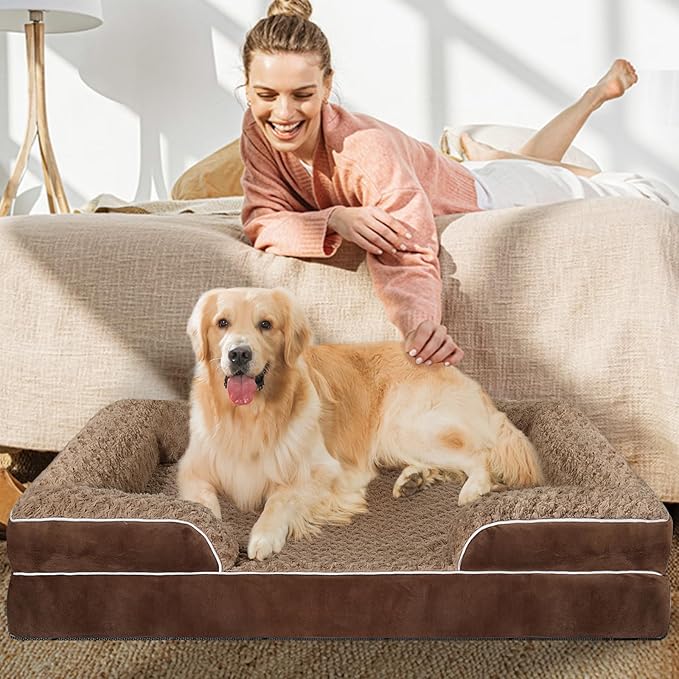 Orthopedic Dog Bed for Large Medium Sized, Washable Memory Foam Large Dog Bed, Durable Medium Pet Sofa with Removable Cover, Washable Waterproof Pet Couch Beds(Brown, XXL)